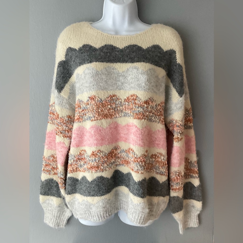 JS MILLENIUM Multi Color Boat Neck Sweater mixed pattern SZ TU Pp 23” L 25”